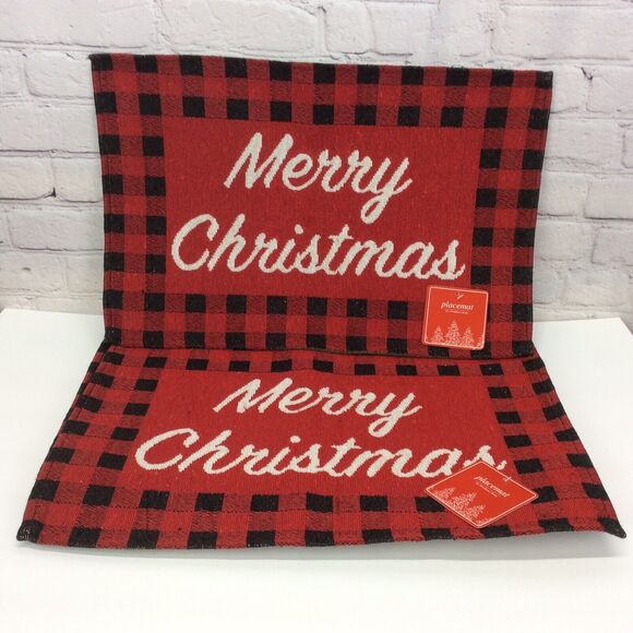 Merry Christmas Tapestry Placemats Set of 6 Red/Black Buffalo Check Farmhouse - Picture 1 of 6